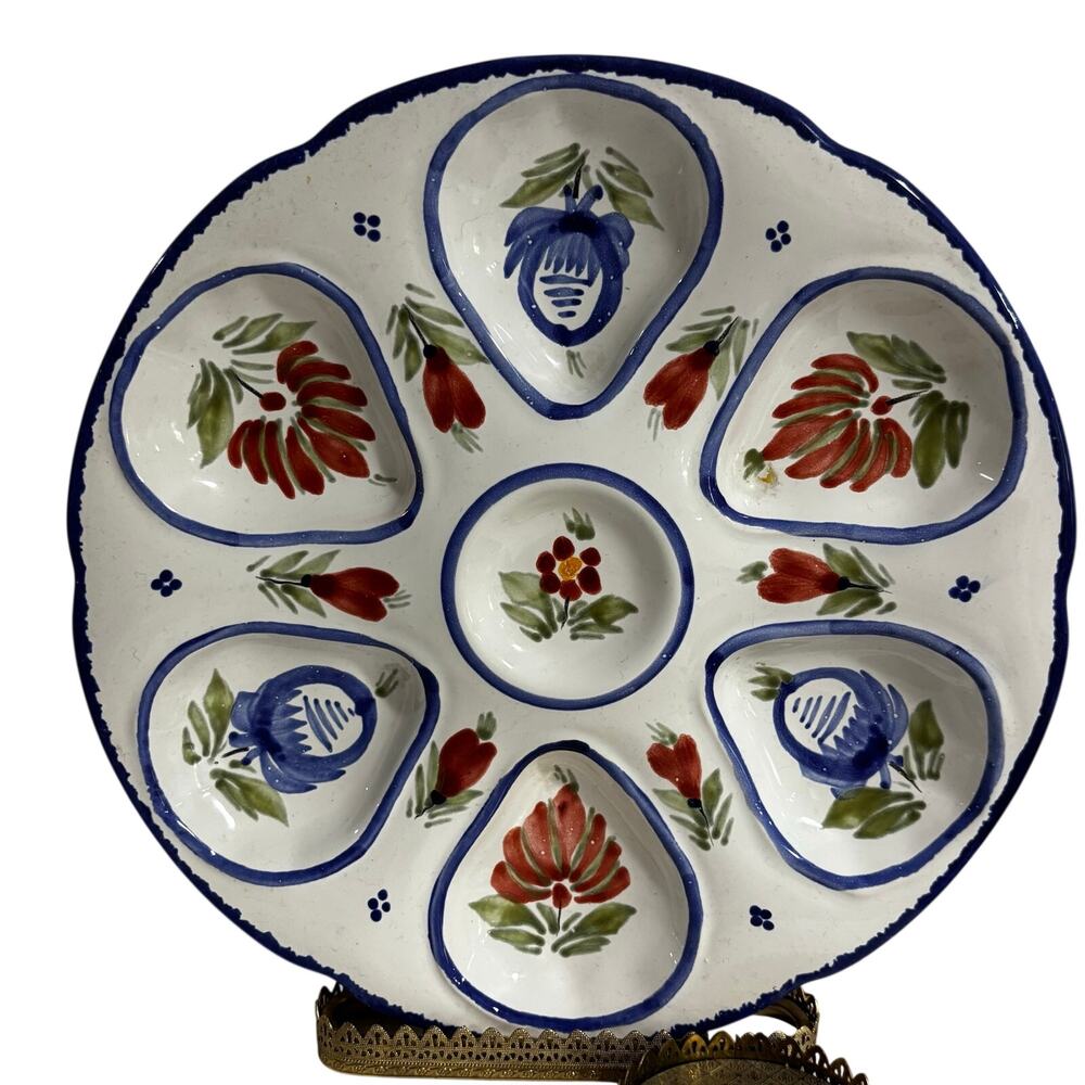 Vintage HB Quimper porcelain oyster plate colorful hand painted signed France